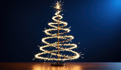 A glowing spiral of festive lights forms the shape of a Christmas tree, set against a dark blue background. The simplicity and brightness make this image ideal for holiday marketing, Christmas decor