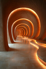 Obraz premium A long, narrow hallway with a curved wall. The walls are made of stone and the floor is tiled. The hallway is lit with a warm, orange glow