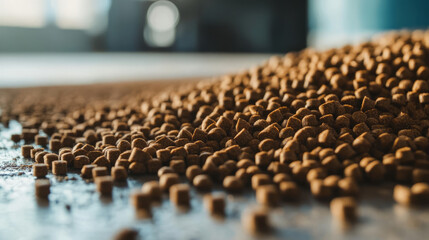 Fototapeta premium A close-up view of animal feed pellets neatly arranged on a concrete floor, highlighting the texture and uniform shape of each pellet under soft lighting