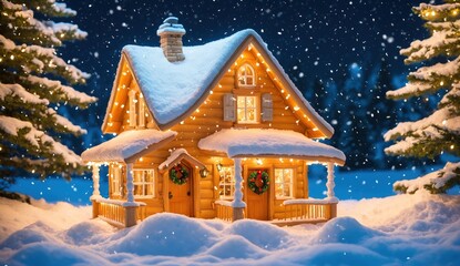 Naklejka premium A charming Christmas scene showcasing a snow-covered house with warm lights and a brightly decorated tree. Snowflakes fall gently, creating a magical and peaceful holiday mood, perfect for Christmas