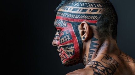 Cultural body art featuring ritualistic patterns and markings, representing traditional practices in a modern artistic format.