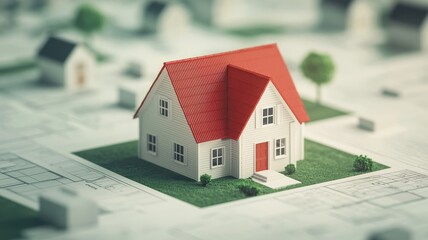 A miniature house with a red roof sits on a green patch in a simplified neighborhood setting.