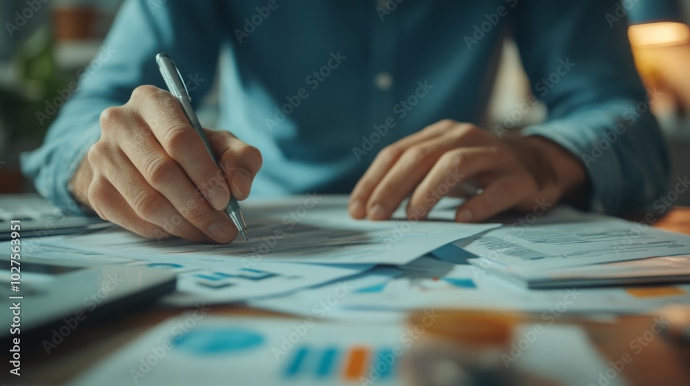 Aufkleber A person writes on documents surrounded by charts and graphs, indicating analysis or planning in a professional setting.