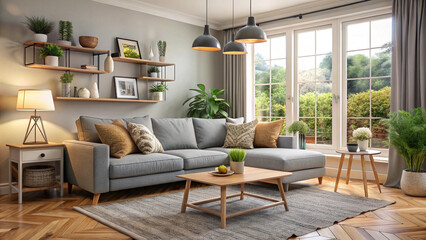 A living room with a couch coffee table and a plant on the table