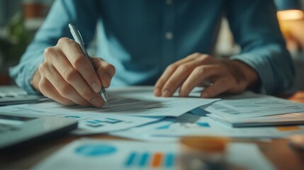 A person writes on documents surrounded by charts and graphs, indicating analysis or planning in a professional setting.