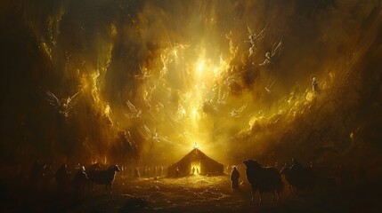 A serene oil painting of the nativity scene, with angels swirling joyfully above the stable, their golden light shining down on baby Jesus. The animals and holy family are bathed in the warm glow, © Thuyet