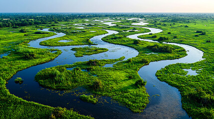 An aerial view of a winding river flowing through a lush green landscape.