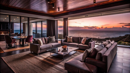 Fototapeta premium A cozy living room setting with diffused lighting and elegant sofa with velvet fabric