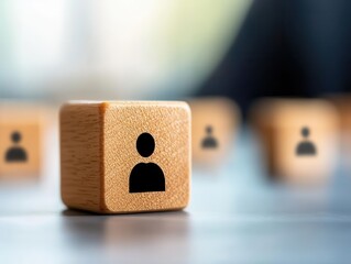 A front facing shot of a wooden block displaying a customer focus group icon