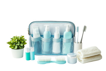 A travel toiletry kit with various skincare products, a plant, and personal care items on a white background.