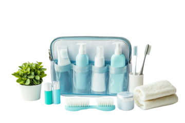 A travel toiletry kit with various skincare products, a plant, and personal care items on a white background.