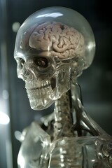Transparent skull with human brain and mechanical components