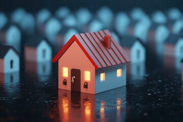A miniature house glows warmly amidst a rainy backdrop, symbolizing comfort and safety in a stormy environment.