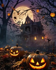 Spooky Halloween night with pumpkins and bats under a full moon