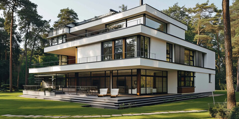 Obraz premium A three-story villa designed in Bauhaus style, featuring clean lines, functional design, and a minimalist aesthetic, with a focus on geometric shapes and open spaces.