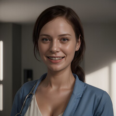Fototapeta premium portrait of a woman smiling - Confident Medical Practitioner in a Clinical Setting