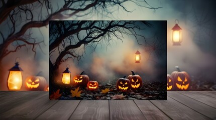 halloween wooden background with pumpkins