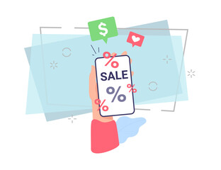 Female hand with smartphone with sale lettering and percent sign on screen. Shopping online, using mobile app, internet or WIFI. Marketing, e-commerce, store, sale concept for poster or banner design