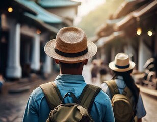 Young tourists with their backs turned walk through the city. The boys wear beige hats, blue shirts and green backpacks