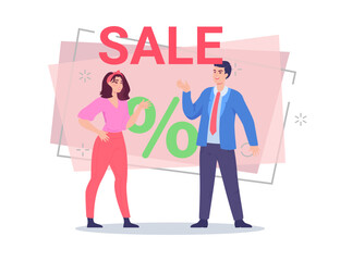 Man in suit announcing about sales to housewife. Businessman offering discount to buyer vector illustration. Sale lettering, percent mark on background. Advertising, shopping concept for web design