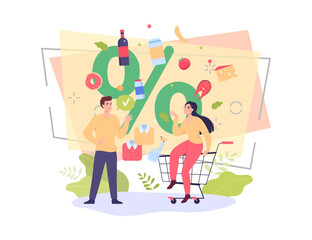 People choosing from wide assortment of products on sale. Male and female cartoon characters doing grocery shopping in supermarket vector illustration. Market, commerce, diversity, consumption concept