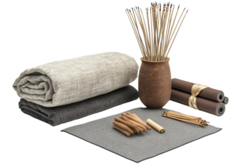 Collection of cozy items including fabrics, incense sticks, and writing papers on a white isolated background.