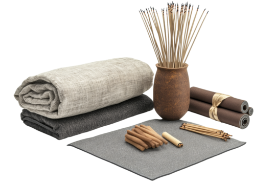 Collection of cozy items including fabrics, incense sticks, and writing papers on a white isolated background.