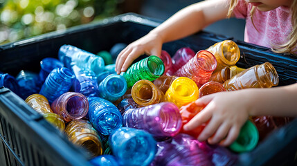 Child sorting colorful plastic bottles in a bin.