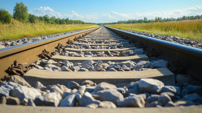 Close-up of railway tracks on a sunny day, with stones and wooden sleepers clearly visible, leading towards a distant horizon