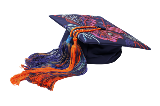 Colorful graduation cap, detailed floral design, isolated against white background.