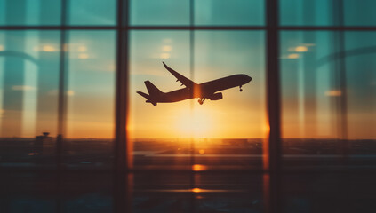 Airplane silhouette against window with light background, airplane in flight at airport terminal and panoramic windows. Concept of travel, vacation time, or journey to new places.
