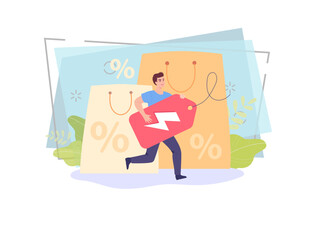 Tiny man holding tag with sale sign flat vector illustration. Male cartoon character running to buy goods discounts, buying products at bargain prices. Flash sale shopping concept for banner design