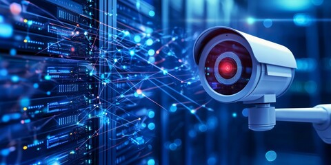 Description: A security camera monitors a digital environment, emitting data streams, symbolizing surveillance technology and data protection.