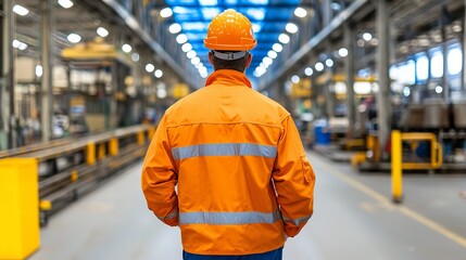 Fototapeta premium A safety-conscious worker in an orange vest and helmet stands in a warehouse, highlighting industry and workplace safety.