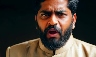 Extreme Close-Up of Bangladeshi Man Speaking Passionately in Traditional Attire