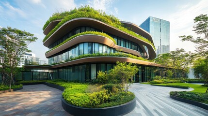 Modern architecture integrating sustainable design in public buildings, promoting environmental responsibility.