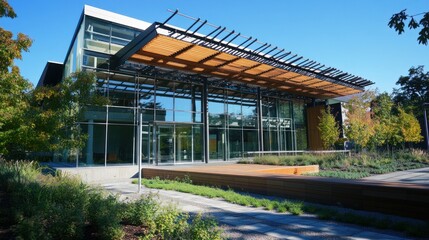 Fototapeta premium Modern architecture integrating sustainable design in public buildings, promoting environmental responsibility.