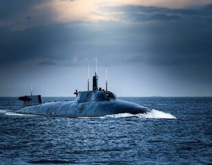 Fototapeta premium Submarine rises a little to the surface of the sea and you can see the antennas and part of the body of which it is built