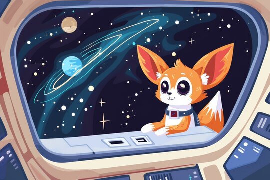 Cute corgi astronaut exploring outer space from spaceship window