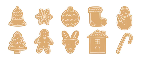 Merry Christmas Gingerbread cookies. Hand drawn line vector homemade biscuits. Big set. Christmas ball, stocking, tree, deer, star, candy cane, bell, house, snowman, gingerbread man
