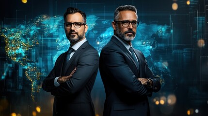 Multinational businessmen in suits, standing confidently in front of a digital background, ready to take on international challenges.