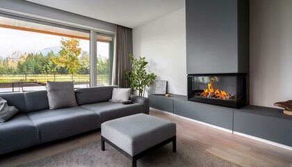 Fototapeta premium Grey corner sofa by glass fireplace. Minimalist home interior design of modern living room.