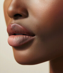 Close-up of lips with matte red, pink, purple, brown lipstick highlighting its soft texture and natural shine. Texture of female lips.