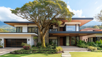 Obraz premium front modern mediterranian house with one big tree in front , materials white and black concrete,stone walls , wood, and in costa rica , nature nd great garden , Located , sunny day.