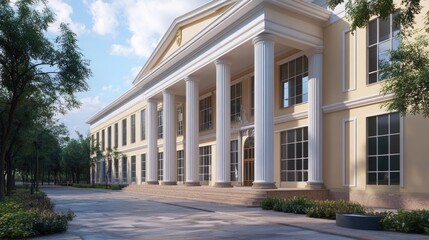 Neo-classical architecture with modern design elements in a government building, highlighting tradition and progress.
