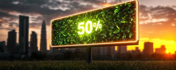 A billboard in an urban park promoting a '50 Discount' on fitness classes with energetic, health-focused imagery