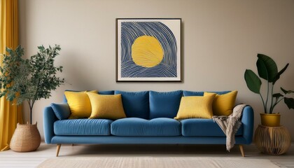 Blue sofa with yellow pillows and blanket against beige wall with frame poster. Scandinavian home interior design of modern living room.