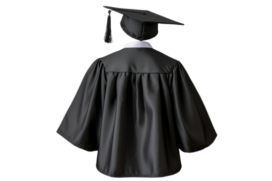 Graduation cap and gown worn by student, black attire on white isolated background.