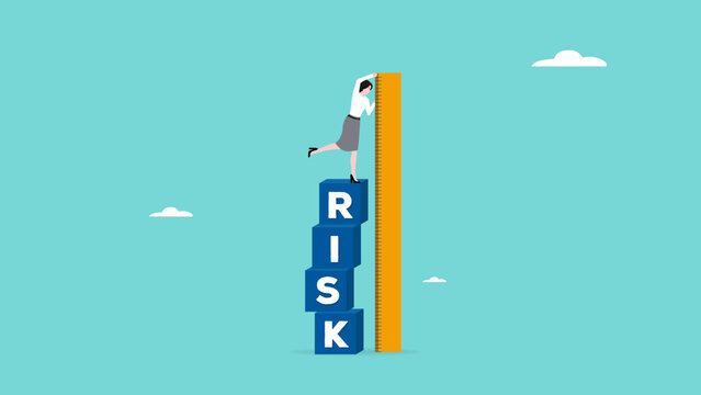 analyze risk, measuring the high risk of a decision in business strategy, businesswoman standing on a pile of cubes with the word risk and measuring their height with a ruler