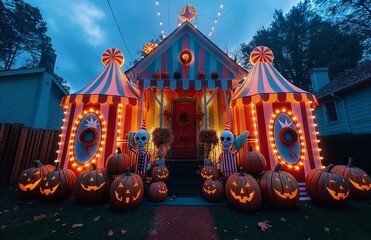 A suburban house decorated for Halloween.